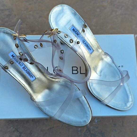 Vintage Manolo Blahnik Heeled Sandals (Gold Leather/PVC Straps) EU 37/US 7 - Picture 2 of 6